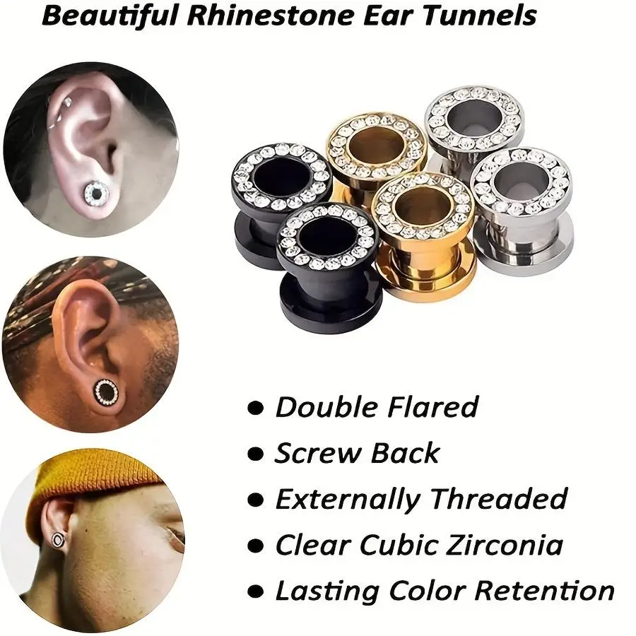 2pcs Stainless Steel Crystal Zircon Ear Tunnels Plug Screw Fit Colorful Ear Flesh Gauge Ear Expanders Body Piercing Jewelry