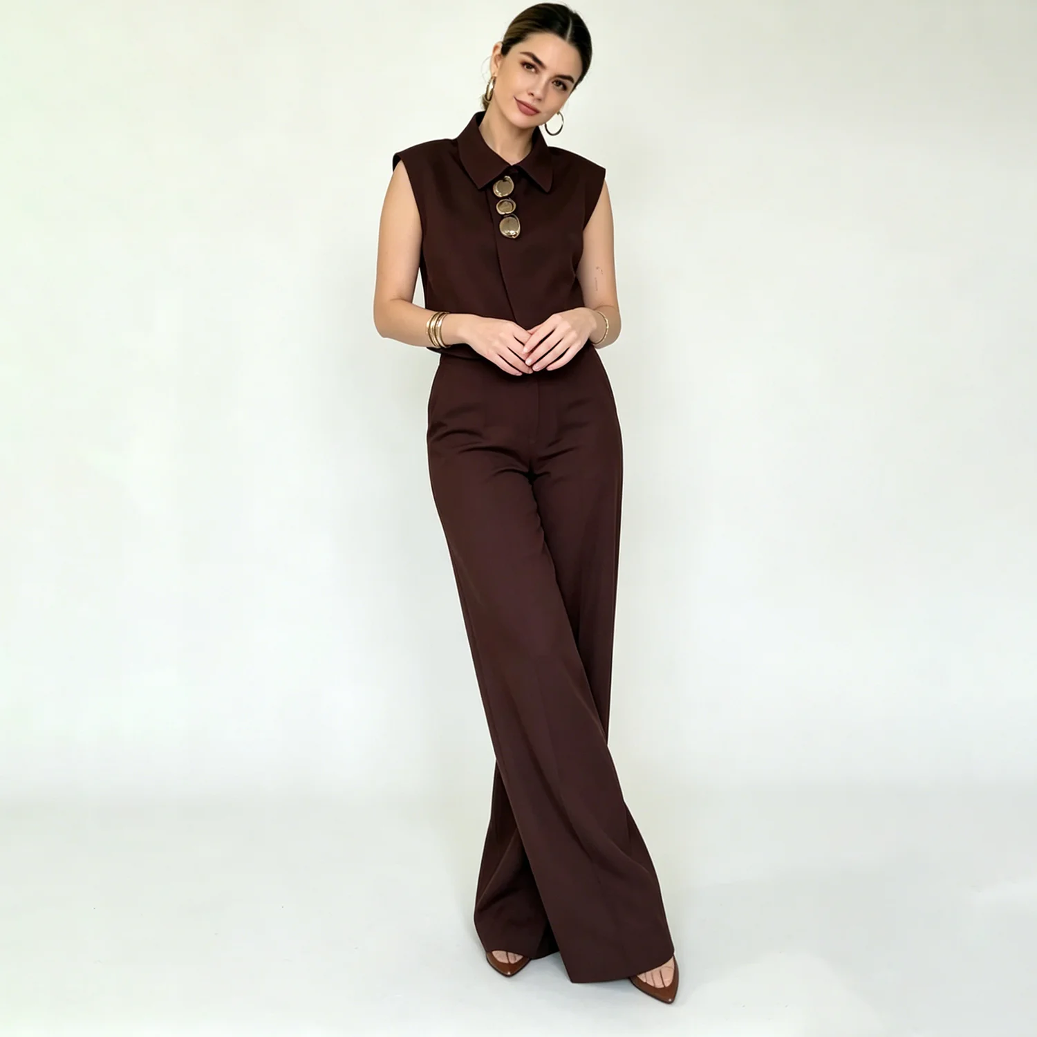 

LIMO Collared Sleeveless Cropped Vest & Wide Leg Pants 2-Piece Set