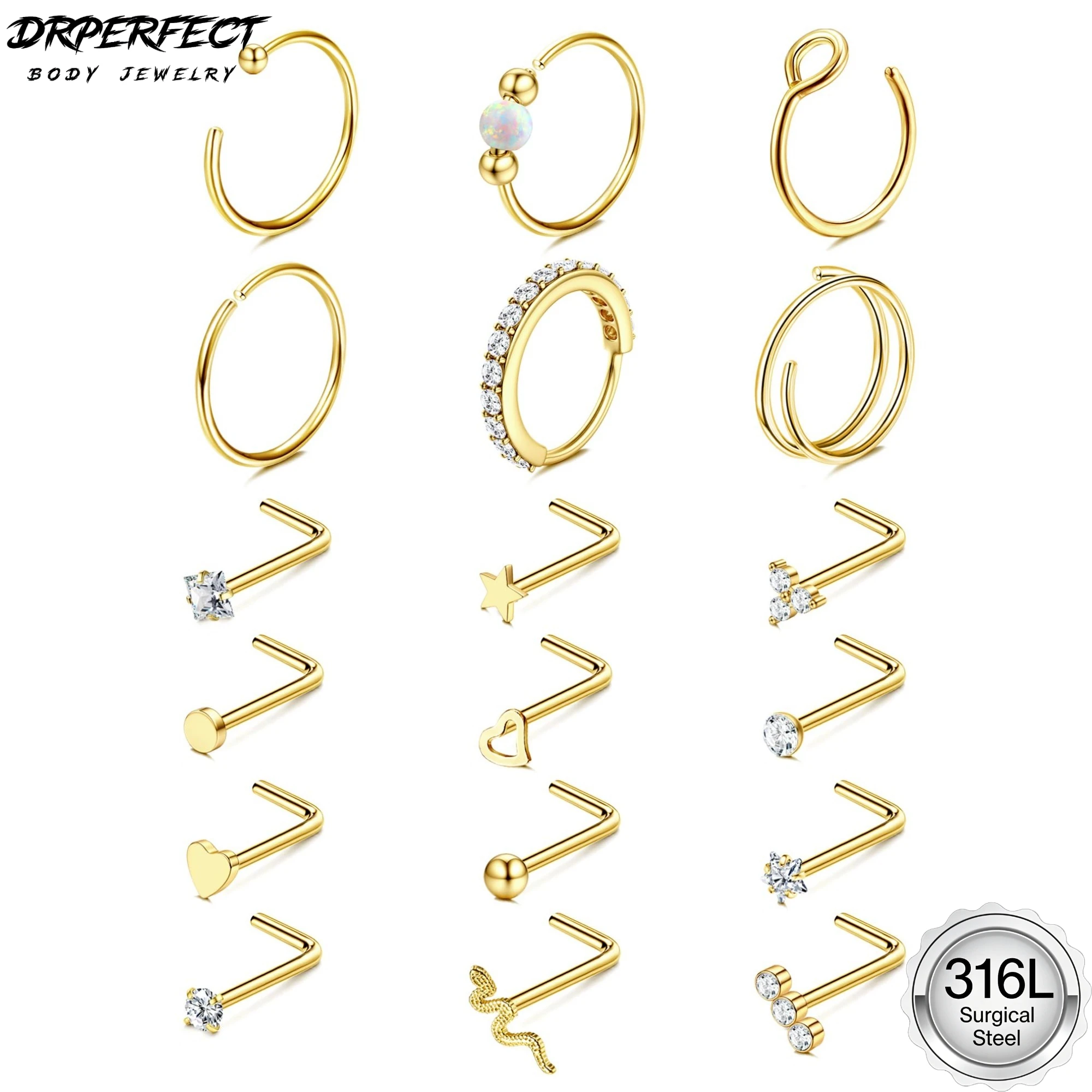 Drperfect 1Pc Nose Rings for Women Men Surgical Steel Nose Hoops L Studs CZ Opal Nostril Lip Helix Cartilage Piercing Jewelry