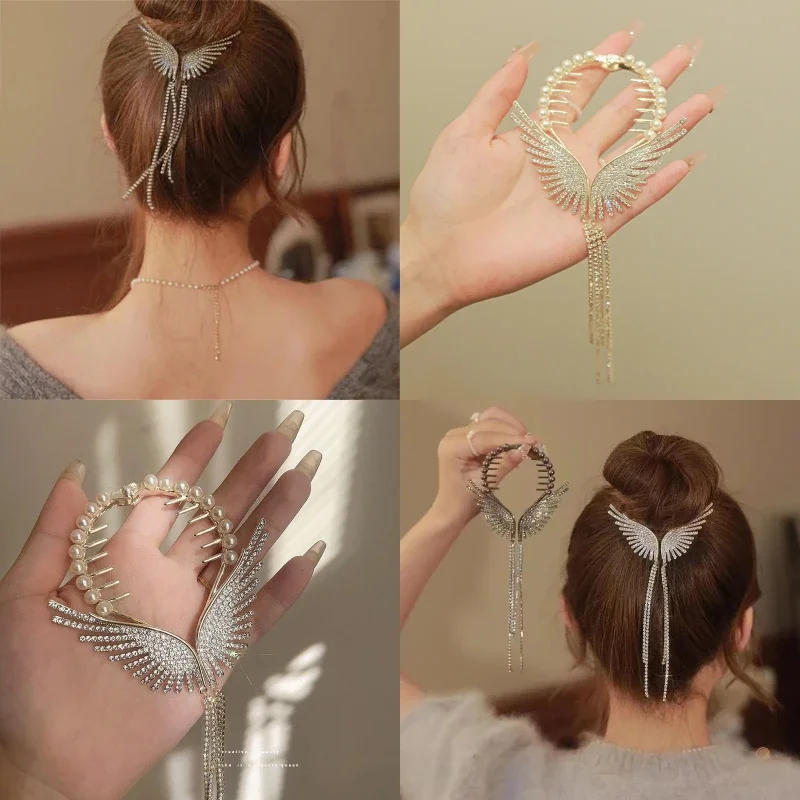 Delicate Angel Wings Ponytail Clasp Pearl Rhinestone Tassel Hair Clips Korea Elegant Shark Clip Girls Sweet Hair Accessories