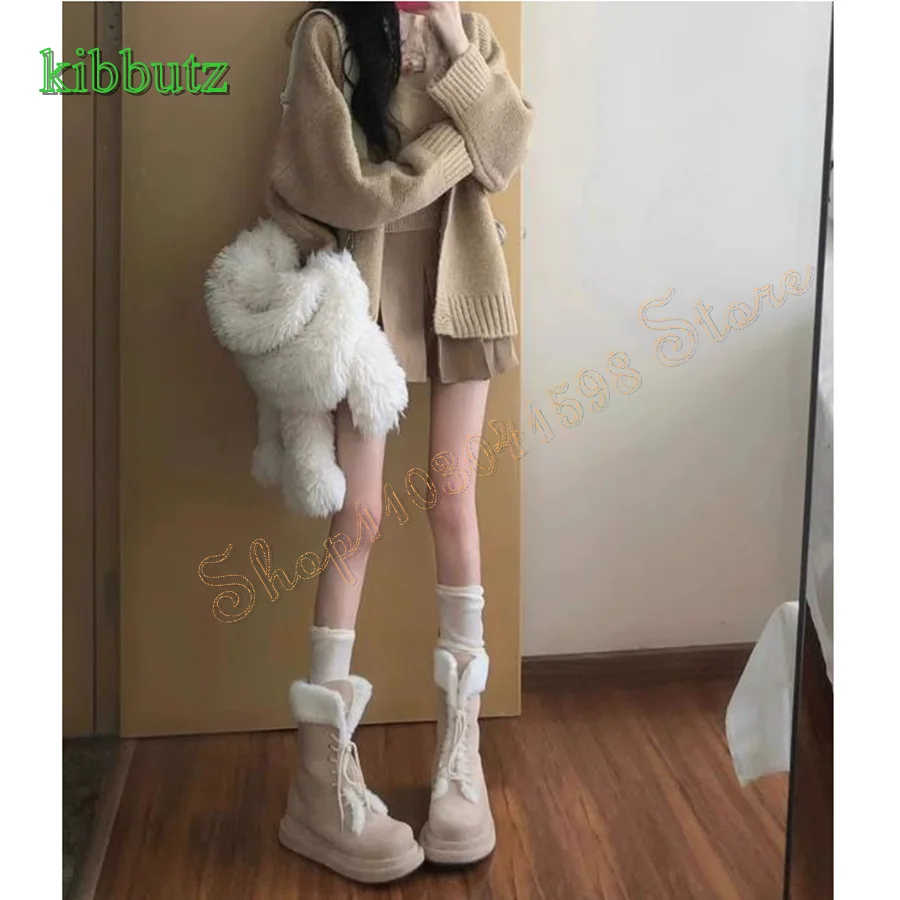 Winter Warm Plus Fleece Snow Boots,Thick Soled Round Toe Lace Up Mid Calf Boots Retro Women Boots 2023 New Zapatos Para Mujere