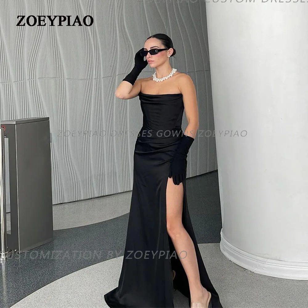 

Black Long Evening Dresses Modern Satin High Slit Formal Occasion Dresses Strapless Shiny Floor Length Vestidos De Gala