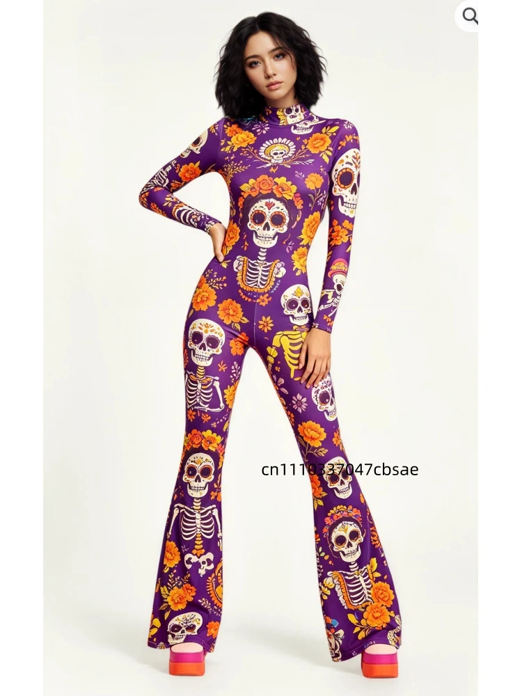 Damen Halloween Sugar Skull Bell Bottom Jumpsuit mit hohem Kragen, ausgestelltem Bein, Skelett- und Blumenmuster, Bodysuit für Day of the Dead Cosplay Festival Zentai – Detail 3