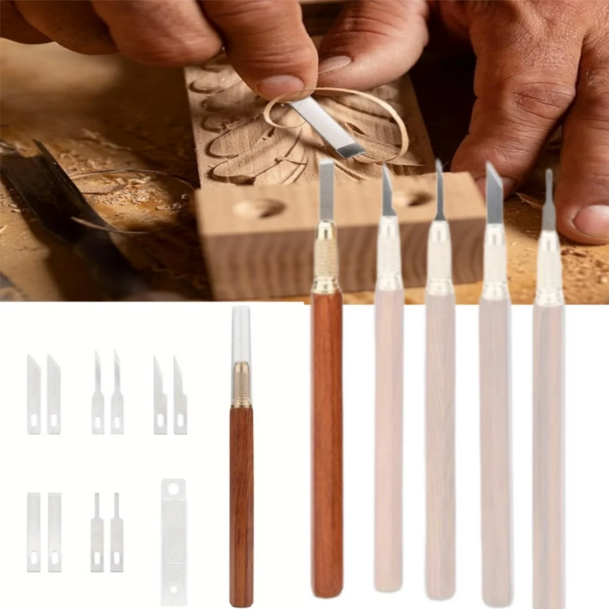 Wood Carving Knives Kit,Hexagonal Handle Carving Tool With 10pcs Blades,Knives Woodworking Scribe Tool Marking Knife Woodworking