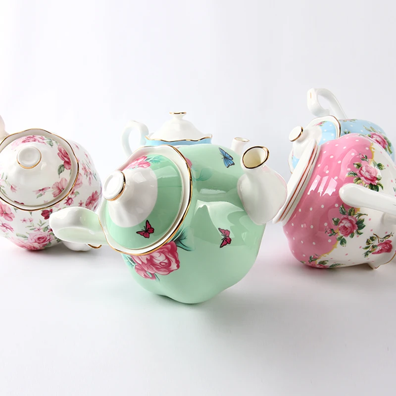 1000ML, real bone china tea pot, creative floral elegant painting, teapot ceramic for serving, coffee kettle for household gift