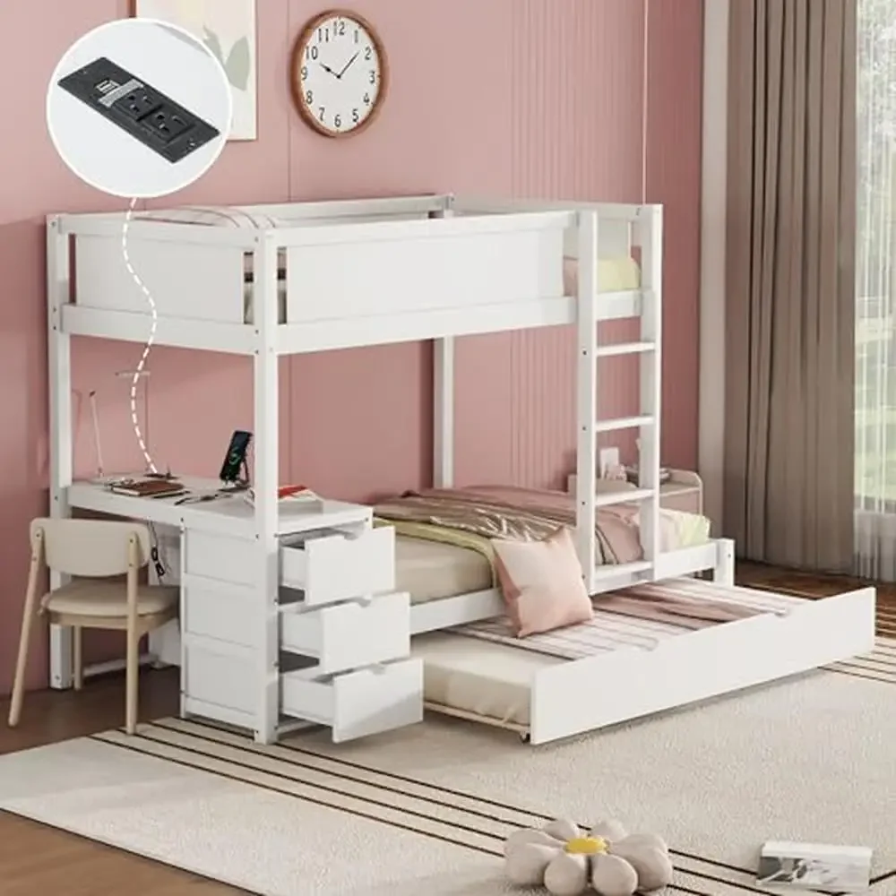 Twin Size Trundle Bunk Bed with Writing Desk & USB Ports Modern Style Wood Twin-Over-Twin Bed with 3 Drawers & Full-Length