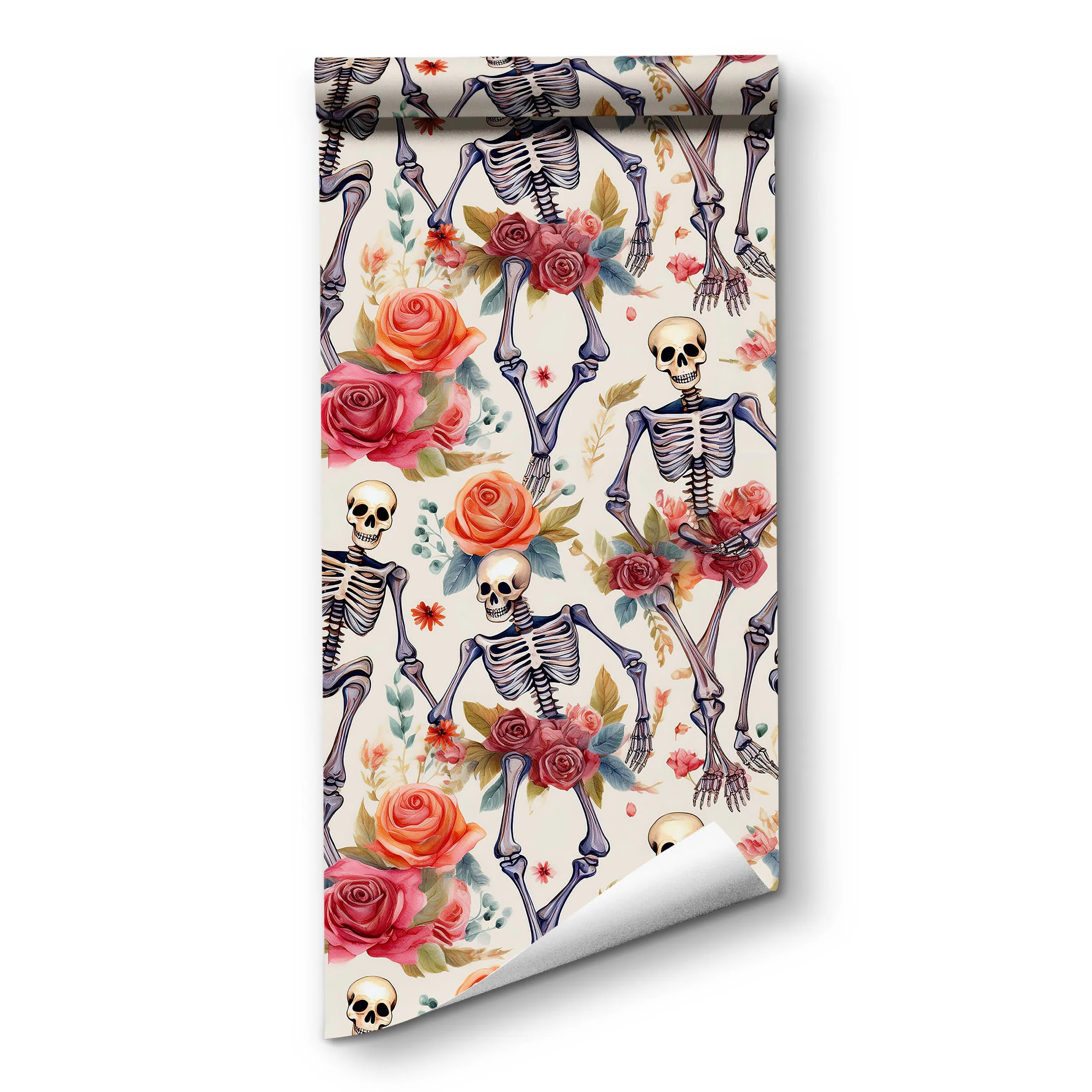 Boho Gothic Skeleton Rose Self Adhesive Wallpaper Floral Skull Removable Spooky Halloween Wall Sticker for Cabinet Home Decor