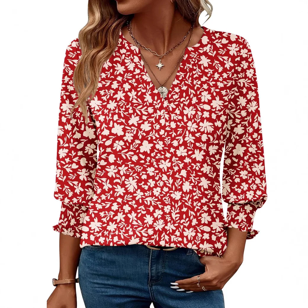 

Women's 2025 Fashion Top with Seven Sleeve Flower Printed Casual Shirt Summer T-shirt for Women