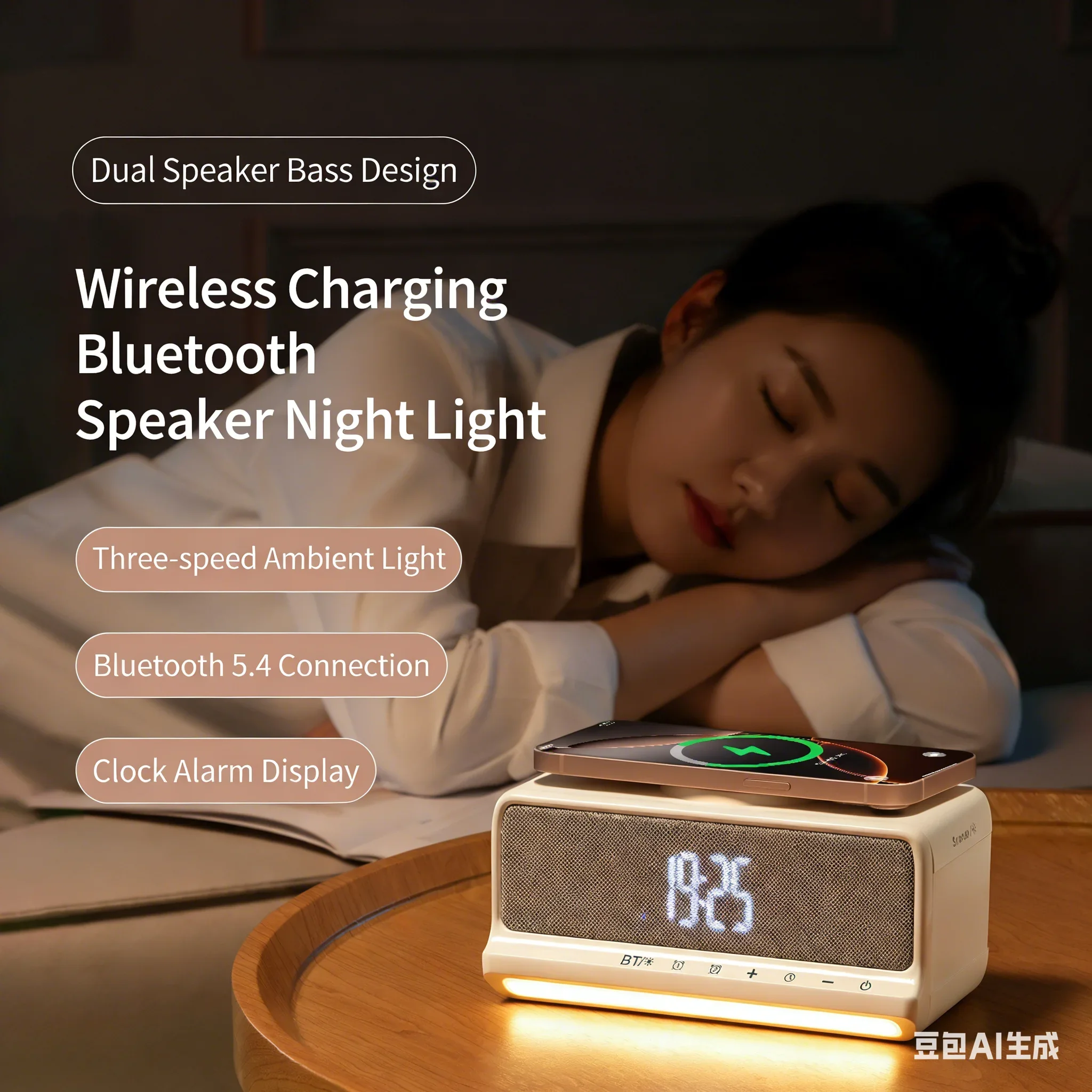 

Беспроводное зарядное устройство с динамиком Bluetooth, светодиодный будильник с окружающим освещением и двумя динамиками, прикроватная звуковая панель с сенсорным управлением для телефона