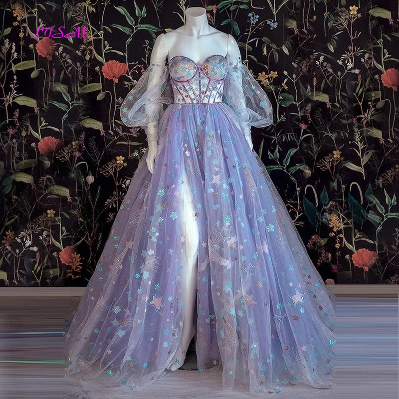 Lismo lavanda estrelado bordado tule fada baile de formatura vestido fora do ombro mangas puff fenda lateral longo vestidos de festa à noite robes de bal