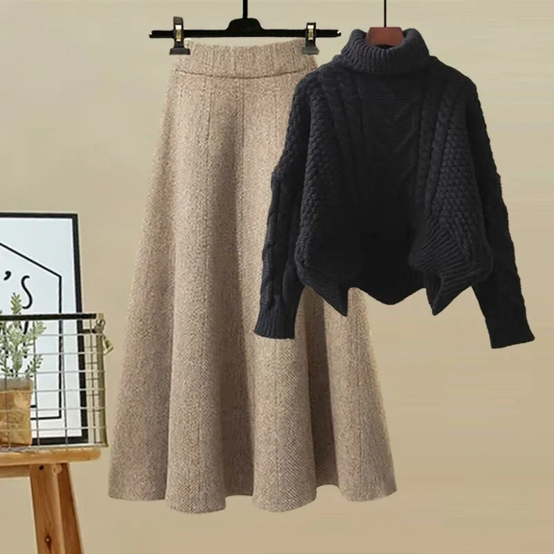 2025 New Women's Polo/Turtle Neck Knit Sweater 2-Piece Set Slimming Skirt Crossbody Design Sensibility for Autumn/Winter Sets Wo