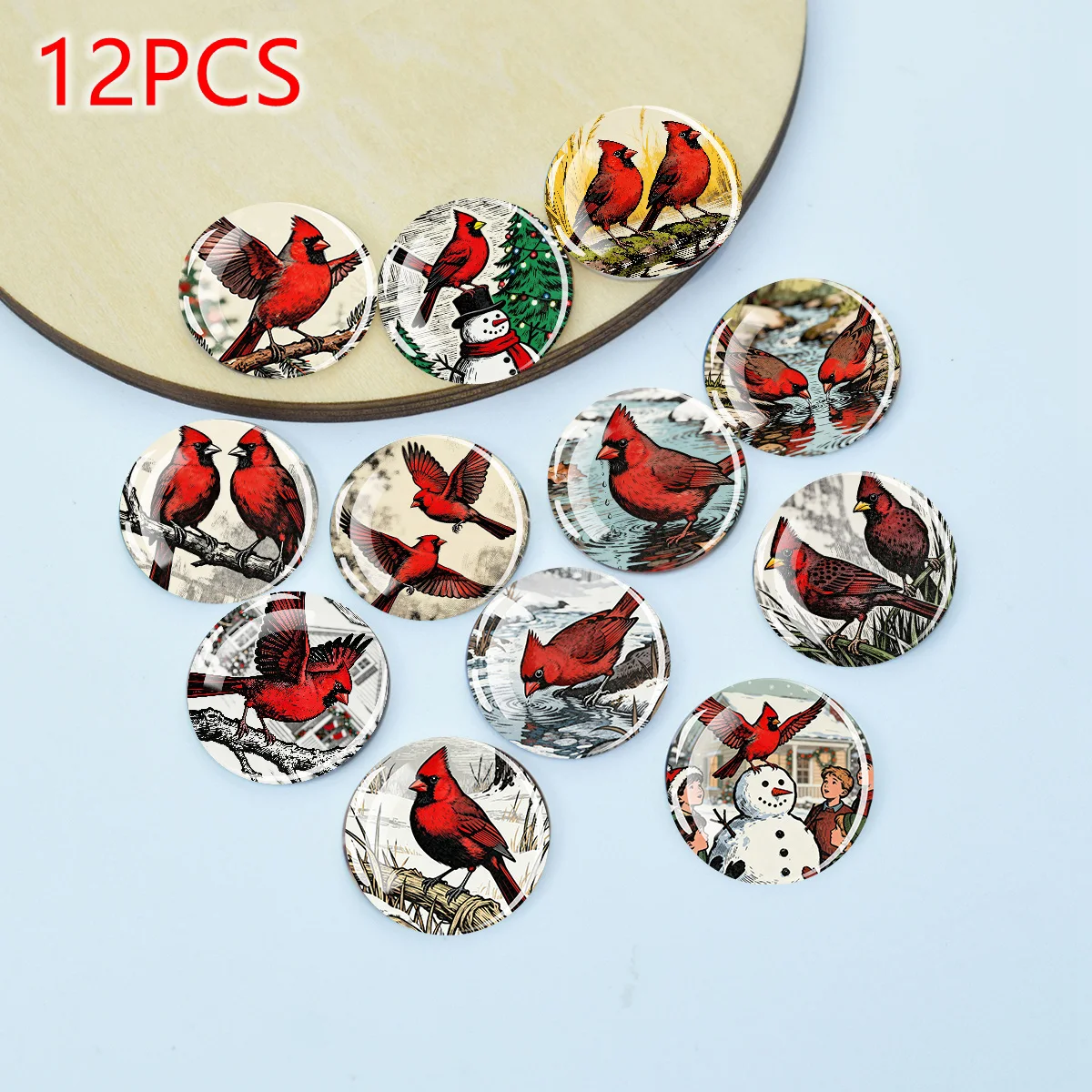 12PCS Vintage Cardinal Winter Bird Round Flat Back Glass Cabochons 25MM 20MM 16MM DIY Beads for Earring Pendant Jewelry Supplies