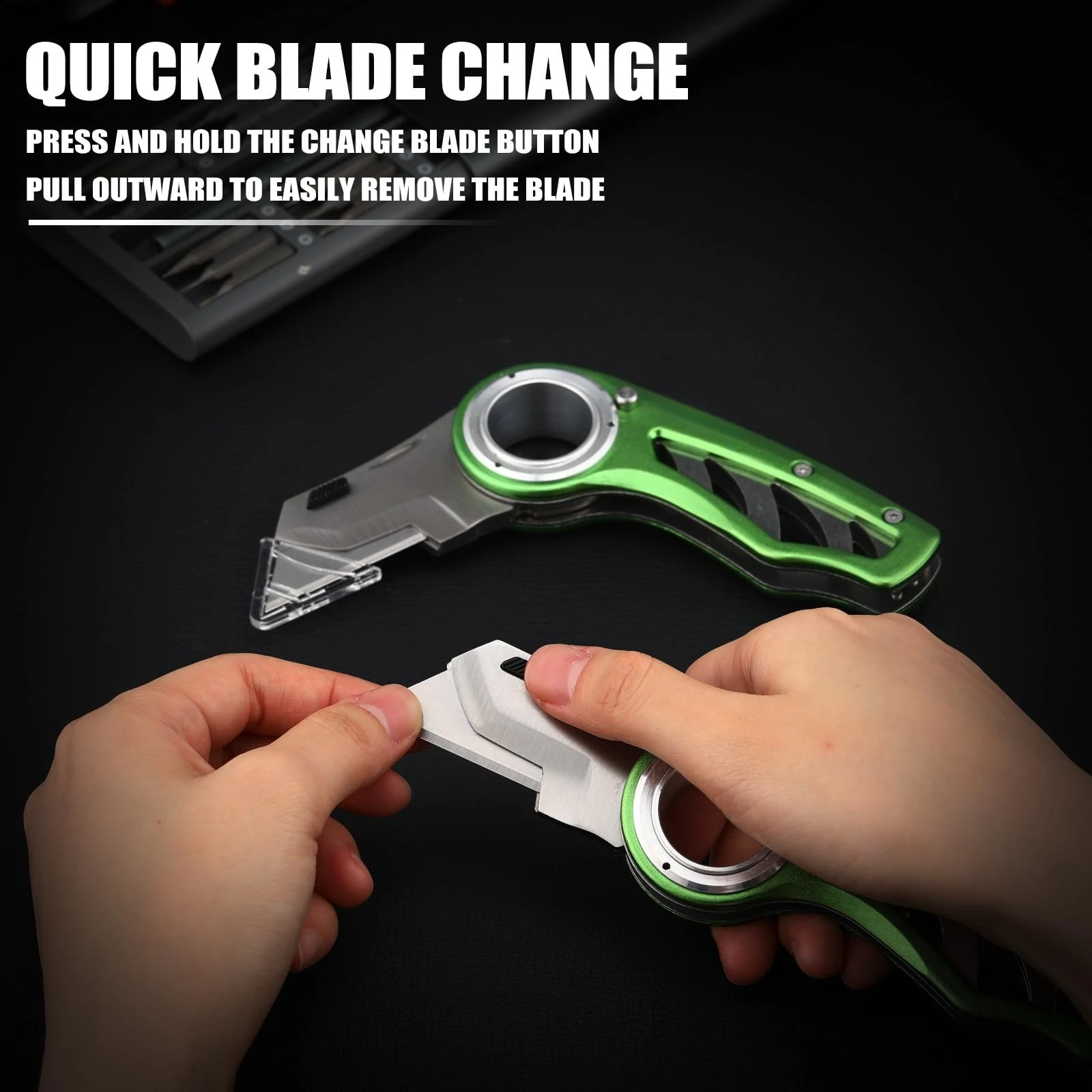 Klappbares Universalmesser Taschenmesser Hochleistungs-Kartonmesser mit Aluminiumgehäuse, Schnellwechselklingen, Rutschfester Fingerhalterung – Detail 2