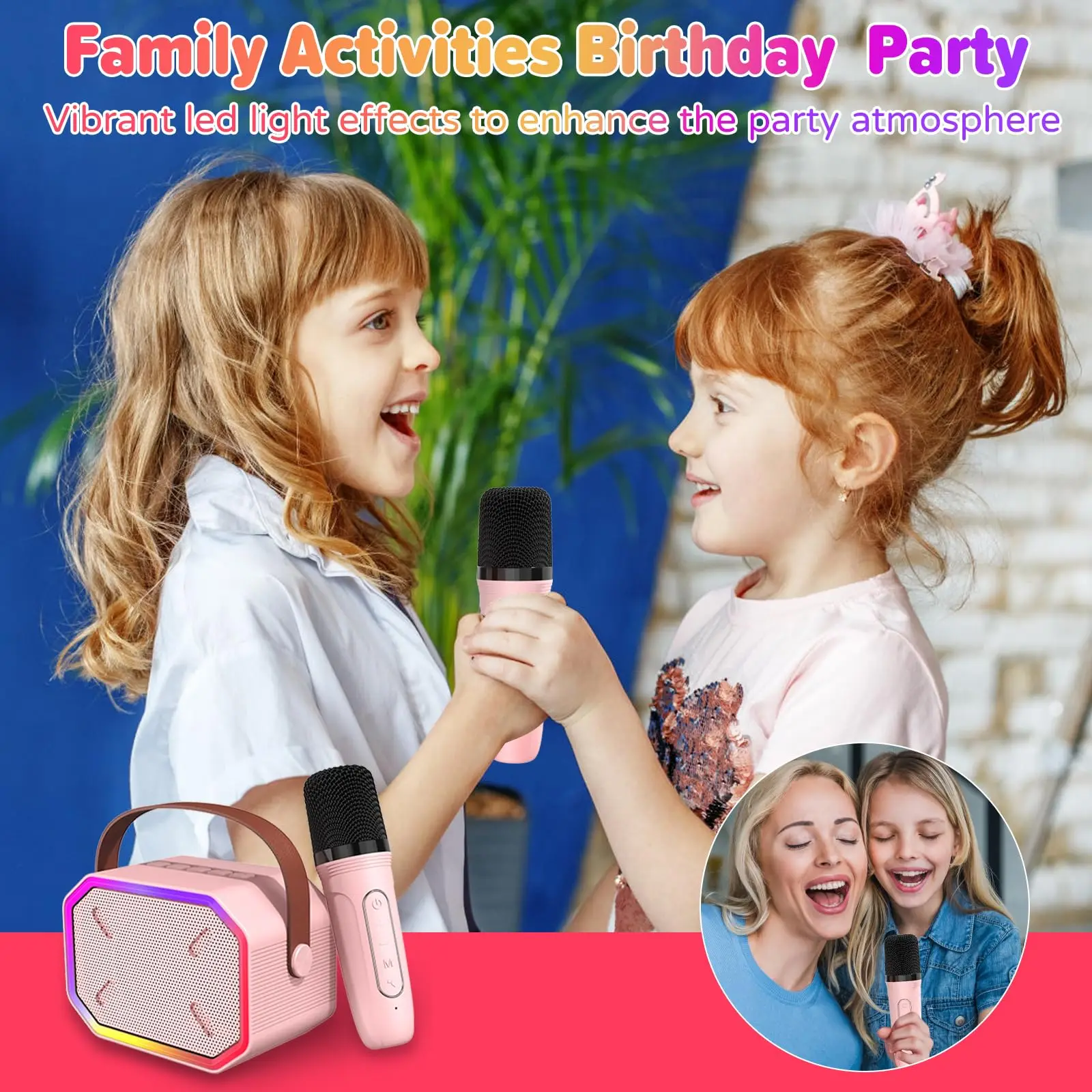 Mini-Karaoke-Maschine für Kinder, tragbare Karaoke-Maschine, kabellose Bluetooth-Mikrofone, LDE-Lichtspielzeug, Geschenke für Mädchen und Jungen