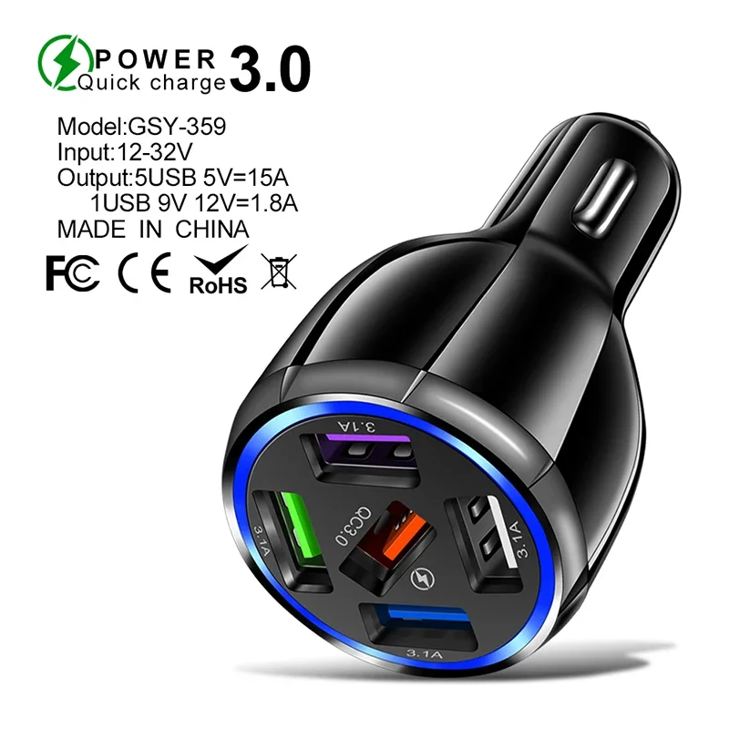 3.1A 5 Ports USB Car Charger Quick Charge 3.0 Fast Charging for IPhone 14 13 Pro IPad Huawei Xiaomi Samsung Phone Adapter