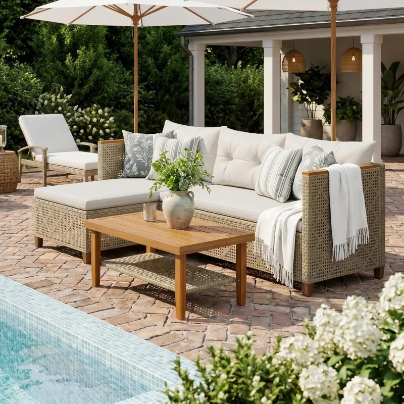 

3-Piece PE Rattan Outdoor Sofa Set, Small Sectional Couch with Tufted Pillow Backyard Deck Porch Poolside, Brown