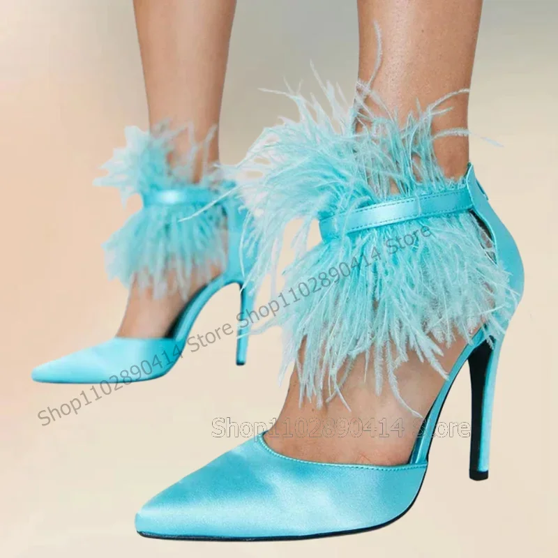 

Cyan Feather Decor Silk Pointed Toe Pumps Back Zipper Women Shoes Thin High Heels Novel Fashion Banquet 2025 Zapatos Para Mujere