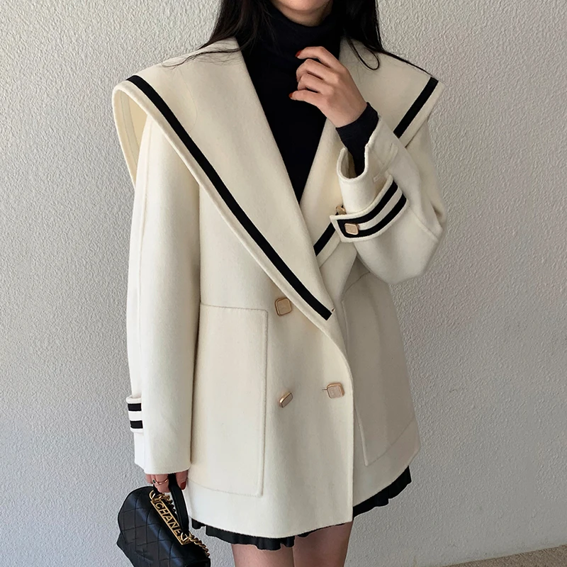 

Chic Autumn Winter Woolen Coat Women's Loose Long Sve Navy Collar Double Button Warm Outerwear with Big kets Commute Sle