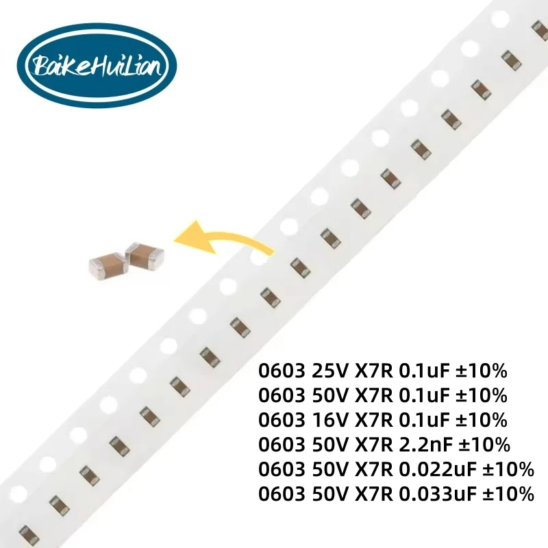 500-2000pcs/lot 0603 SMD Ceramic Capacitor Accuracy 10% X7R Capacity 0.1uf/2.2nf/22nf/33nf Withstand Voltage 16V/25V/50V