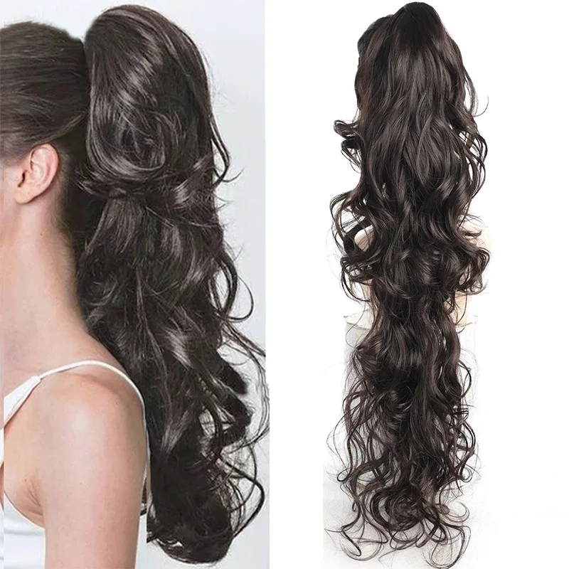 Grab Clip Long Curly Ponytail Synthetic Hair Extension Wig Clip Natural Black Curly Fake Ponytail On Woman's Ponytail