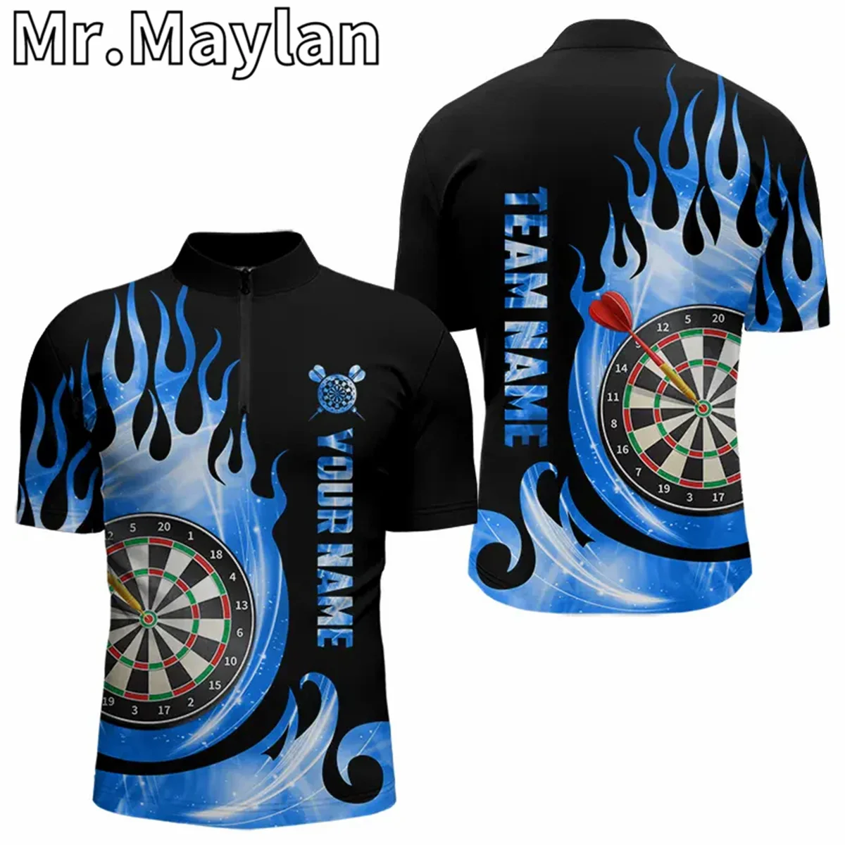 

3D Personalized Black Blue Fire Flame Light Darts Quarter Zip Polo Shirt Custom Name Darts Team Jerseys Gift For Darts Players