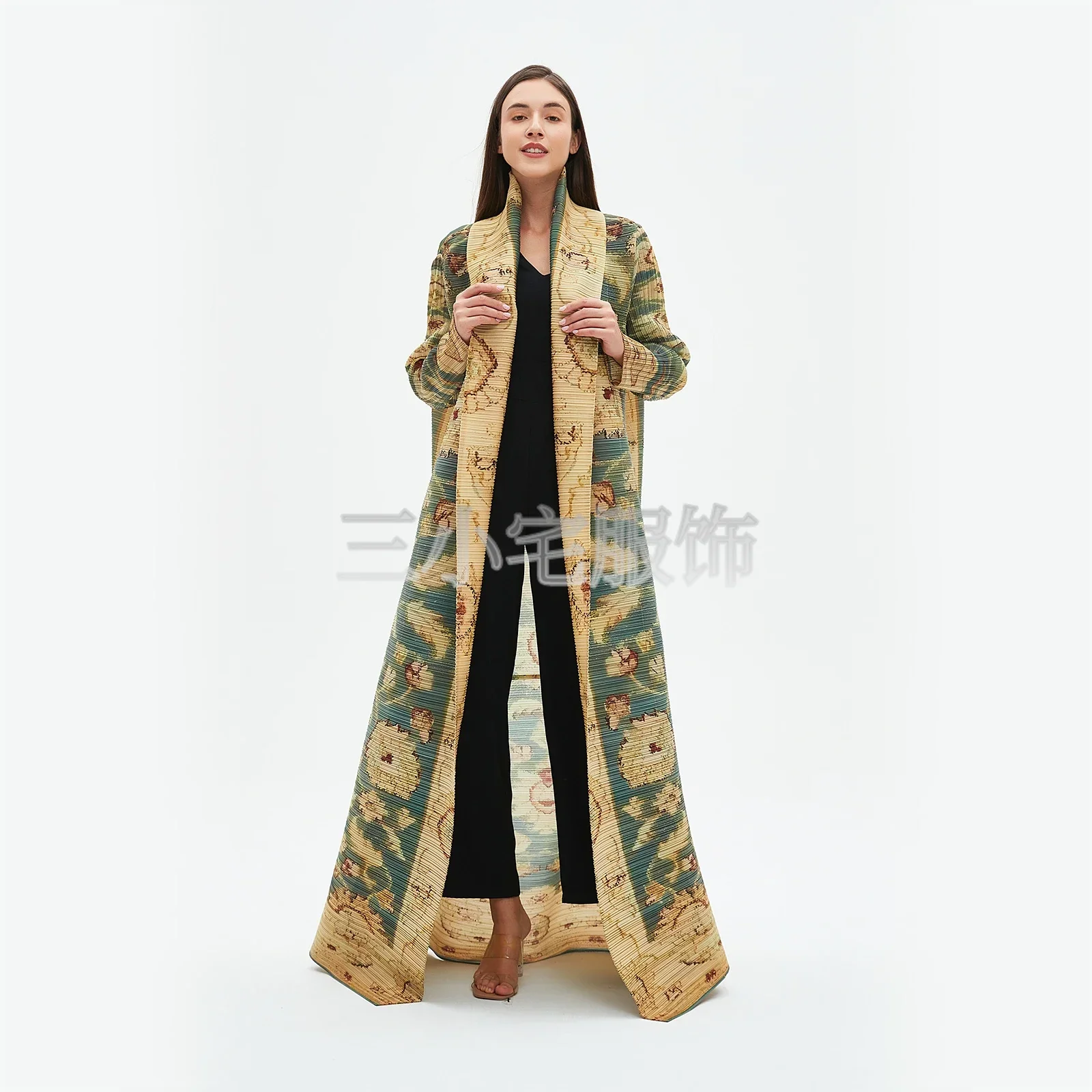 Pleats Robe Long Sleeve Printed Dress Windbreak Women 2024 Winter New Original Designer Abayas Turndown Collar Belted Coats