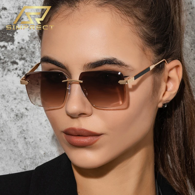 

SIMPRECT Rimless Rectangle Sunglasses Women 2023 Luxury Brand Designer Quality Sun Glasses Vintage Retro Shades For Women oculos