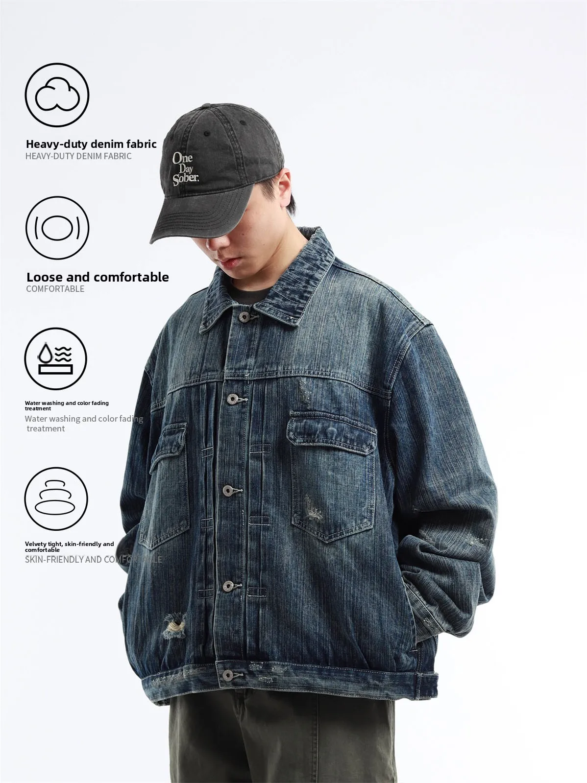Japanese Style Pure Color Heavyweight Washed Faded Denim Jacket Men's Loose Fit Workwear Coat with Hole Flip Collar