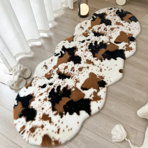 Faux Fluffy Shaggy Rugs Artificial Rabbit Hair Carpet Fluffy Cow Pattern Carpet Bedroom Tatami Home Decor Non Slip Floor Mat
