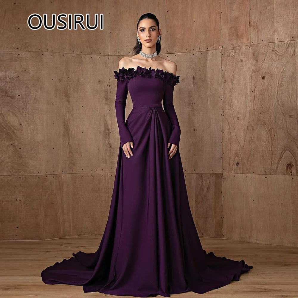 Glamorous Boat Collar Satin Pleated Flowers Evening Dress Sheath Open Back Long Sleeve Evening Gown with Sweep Trian Custom Made