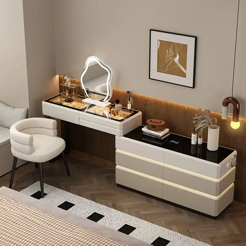 Modern Dressing Table Vanity Desk with Wireless Charging Station Bluetooth Speaker Glass Top Lighted Mirror with 8 Drawers Side