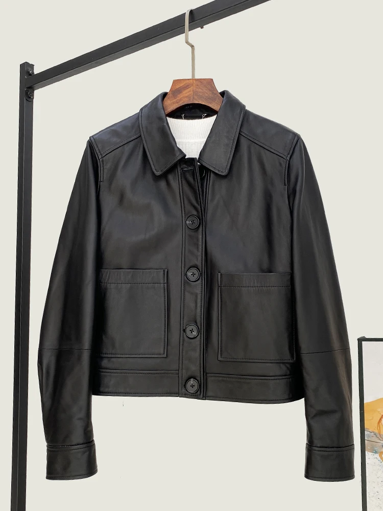 All-Match New Oil Wax Leather Short Coat 2025 Spring High Quality Genuine Real Women's Straight Lapel Sheep Jacket