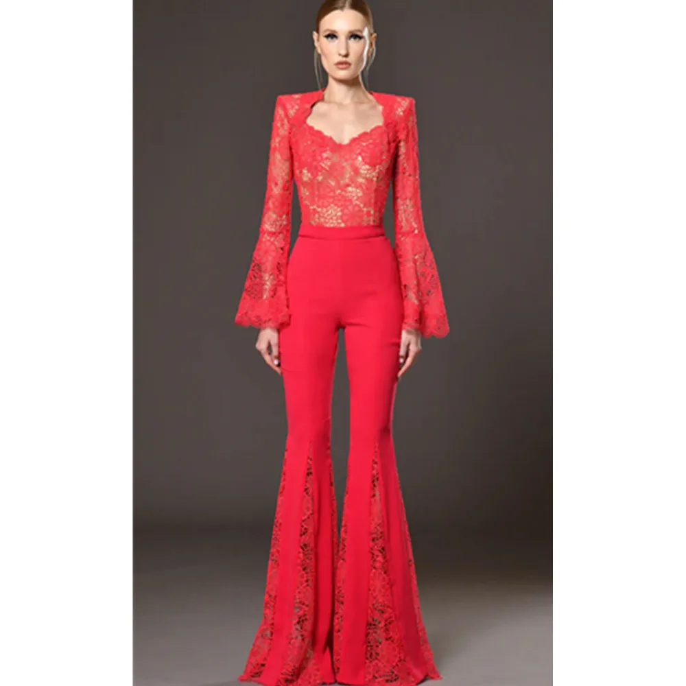 

Red Lace Bell Sleeve Comfortable Two Piece Set Casual Party Dress Elegant Zipper Style Loose Waist Knitted Fabric Midi Dress