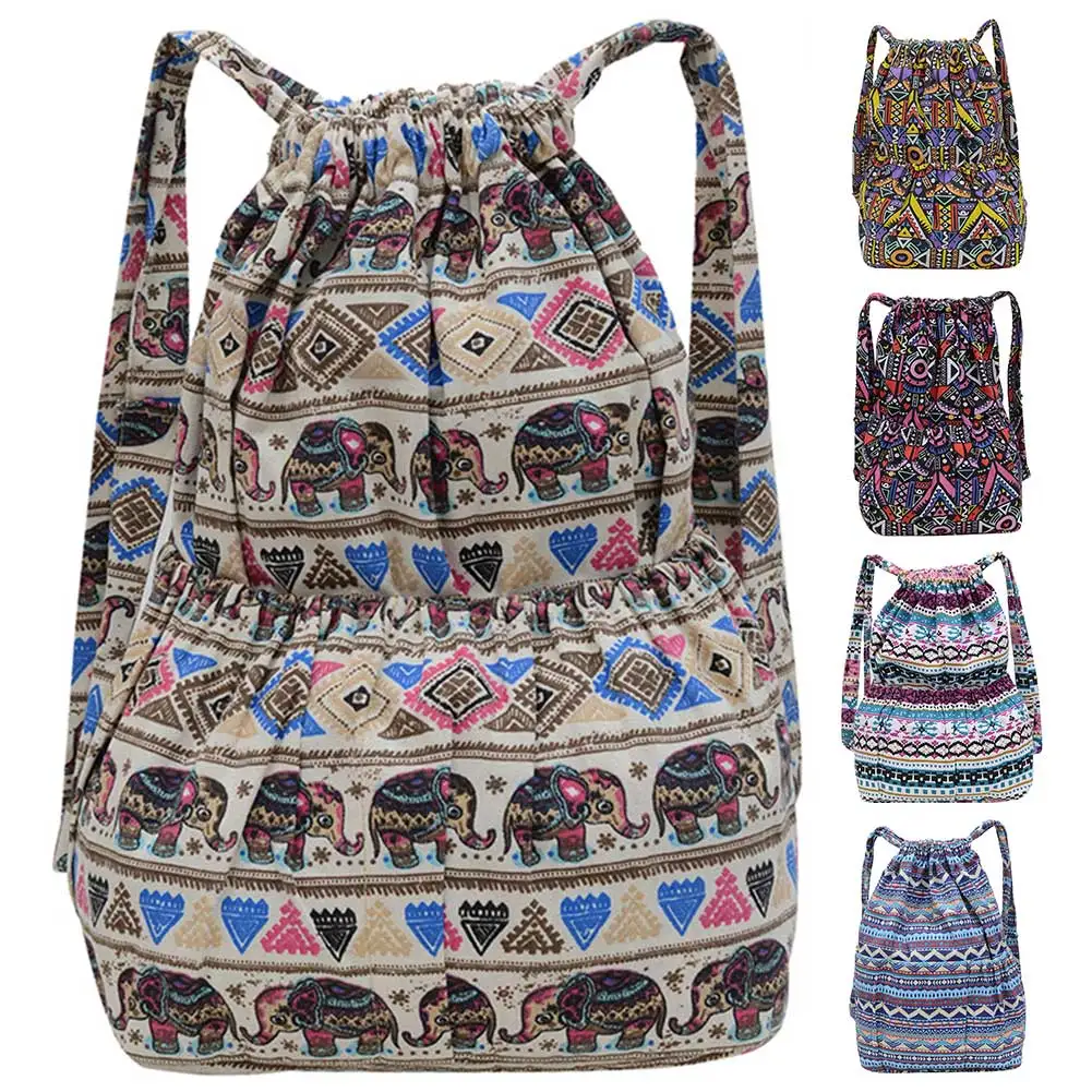 Mochila com cordão vintage para mulheres, lona estilo étnico, padrões geométricos, bolsa de ombro dupla, mochila diária ao ar livre, arte