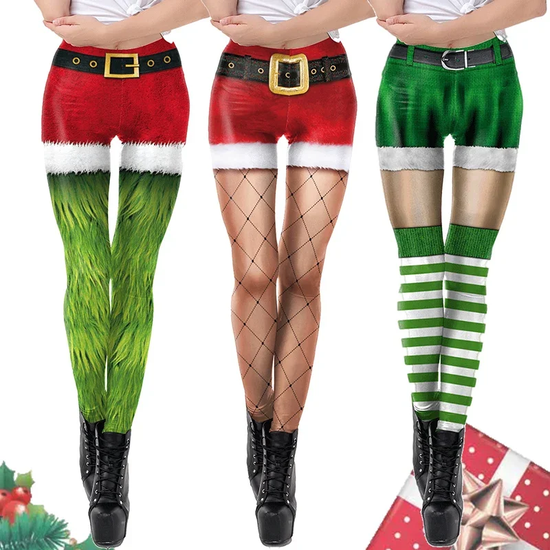 

Green Elf Leggings Christmas Stripe Pants Santa Claus Cosplay Costume Xmas Leggings Women Sexy Trousers Holiday Party Pants
