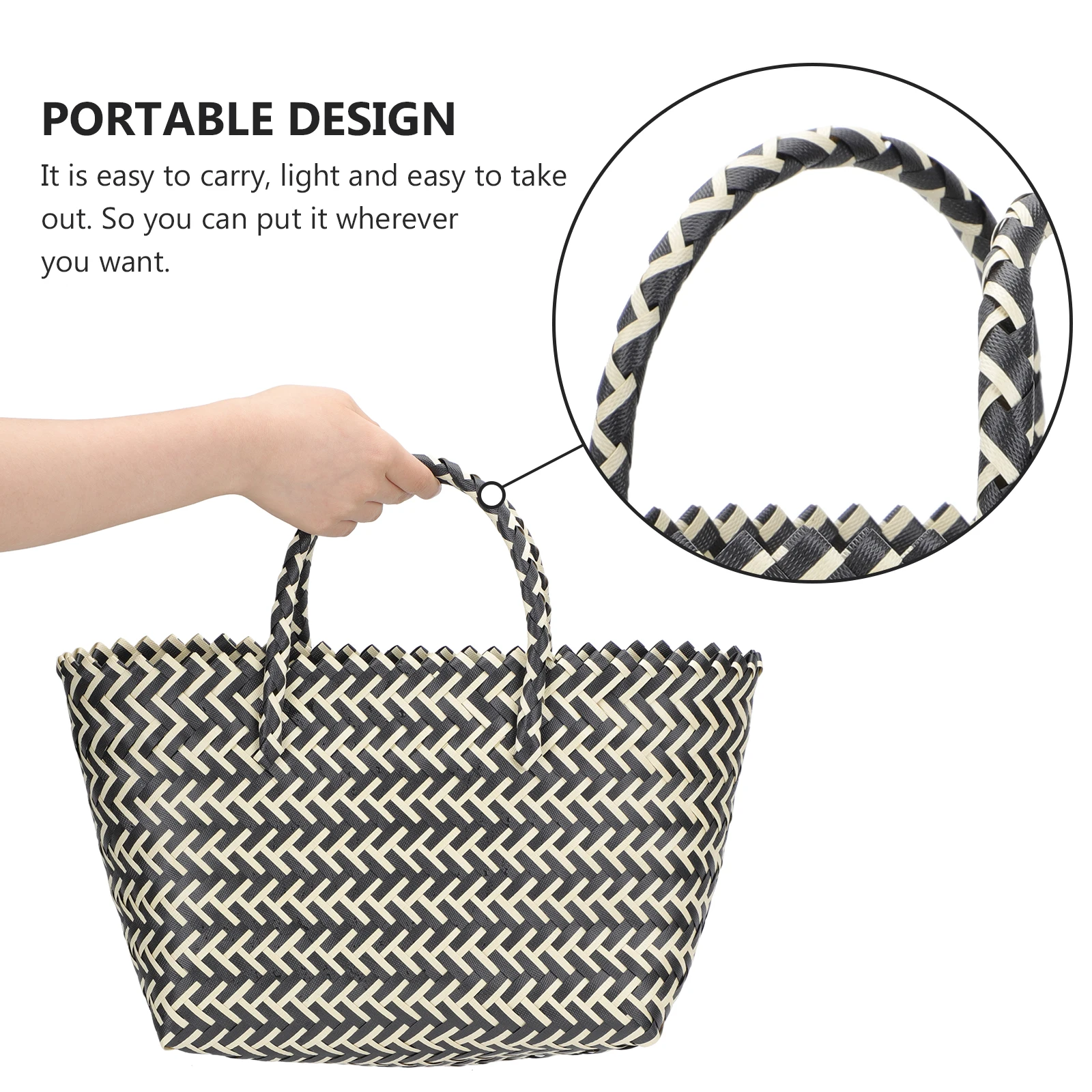 

Plastic Handknitted Bag Striped Weave Fashionable Women Handwoven Casual Bag Large Capacity Shoulder Relief Cylindrical