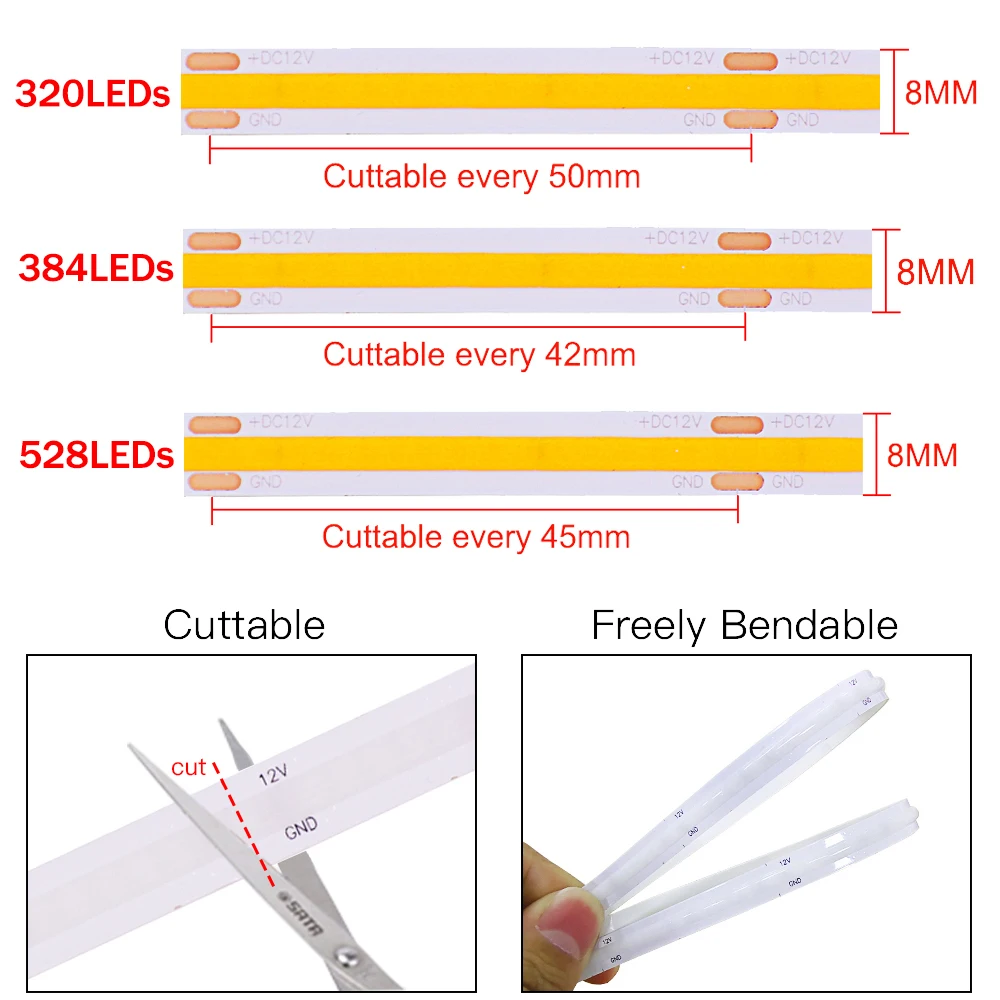 COB LED Strip Light 320 384 480 528 LEDs High Density Flexible COB FOB LED Light RA90 LED Tape Ribbon Linear Dimmable DC 12V 24V