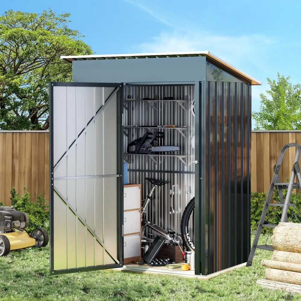 5x3FT แนวตั้งกลางแจ้งเหล็ก Storage Shed พร้อมกรอบพื้น,ประตูล็อค,โลหะขนาดกะทัดรัดเครื่องมือ Shed สําหรับ Garden, Backyard, Patio