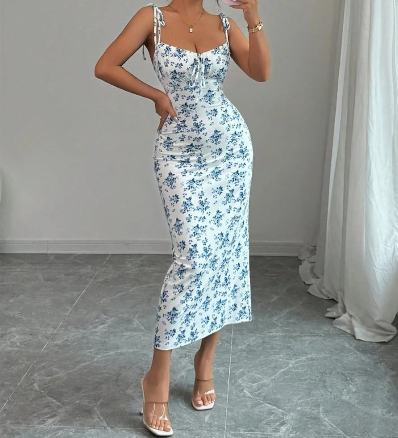 Summer Sweet and Stylish Spaghetti Strap Evening Dresses Floral Print Bodycon and Hip-hugging Dress Long Vacation Women