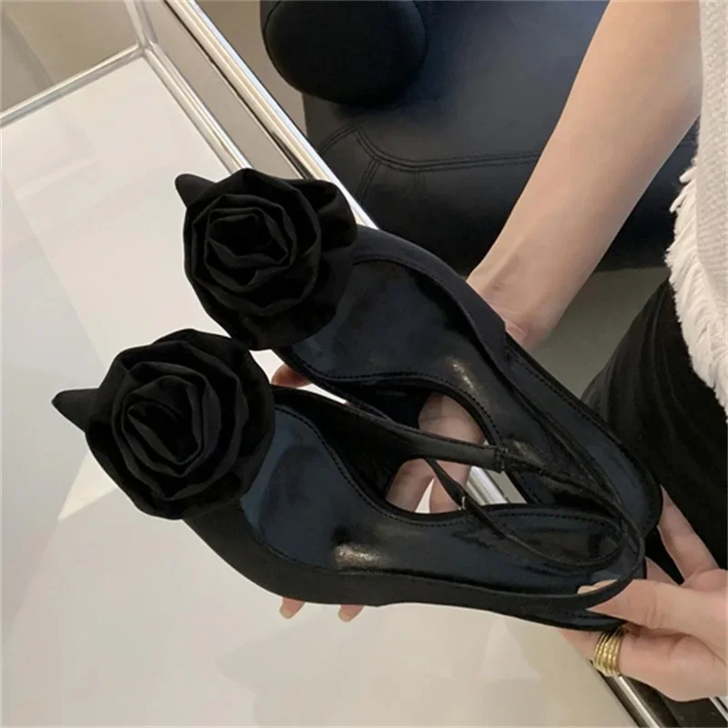 Eilyken Satin Slingback Women Pumps Sexy Design Flowers Pointed Toe Thin High Heels Banquet Wedding Mule Ladies Shoes