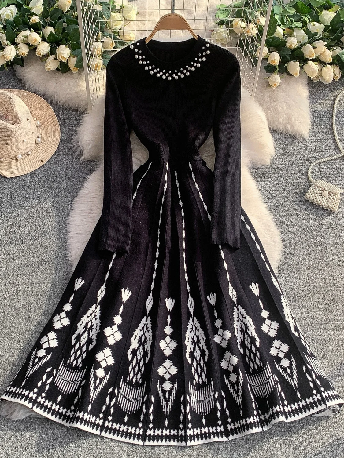 Ele Gestrickter langer Dr-Damen-Winter-Taillen-Cinching-Druck-Plissee-Maxikini-Pullover Dr High Ne Korean Sle Commute