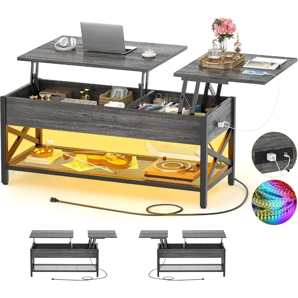 Mesa de centro com luz LED e tomada de energia, mesa elevatória moderna com prateleira de armazenamento, mesa elevatória, estrutura de metal, mesas de café