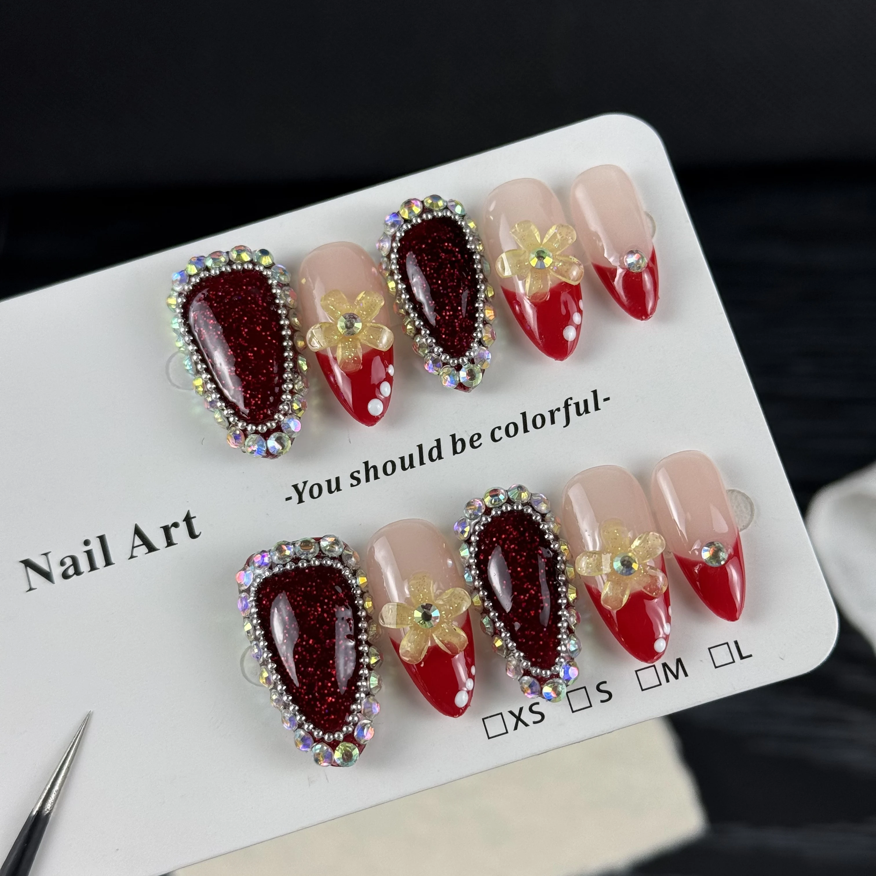 10pcs high-end Luxury and retro style, hand-painted three-dimensional patterns, wine red cat eye, dazzling cluster of diamonds