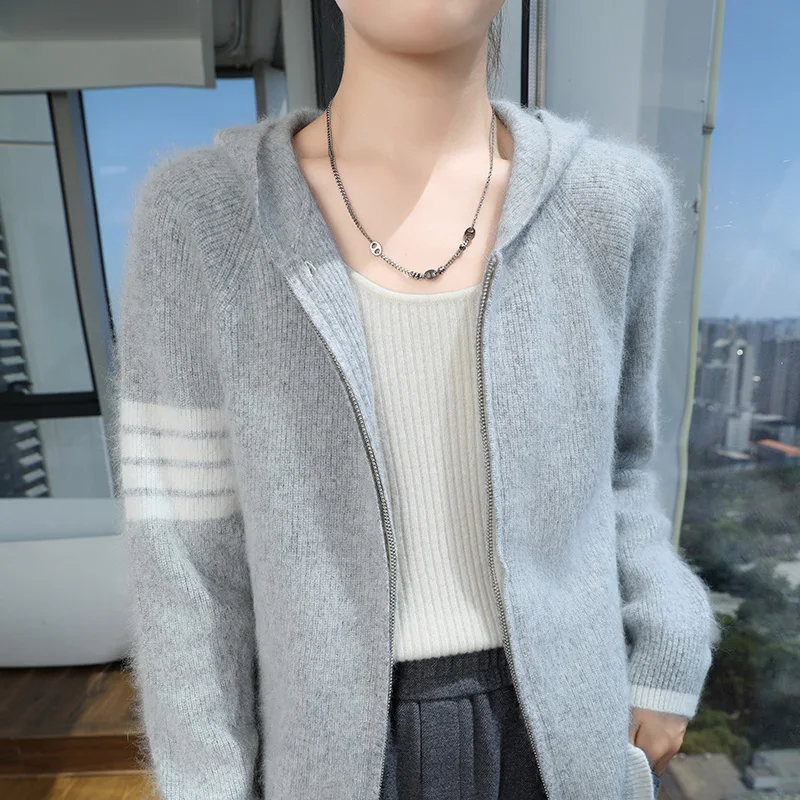 100%Mink Cashmere Zipper Cardigan Women Hooded Collar Knitted Fashion Color Block Thicken Coat Large Size Hoodie Knitwear Blouse