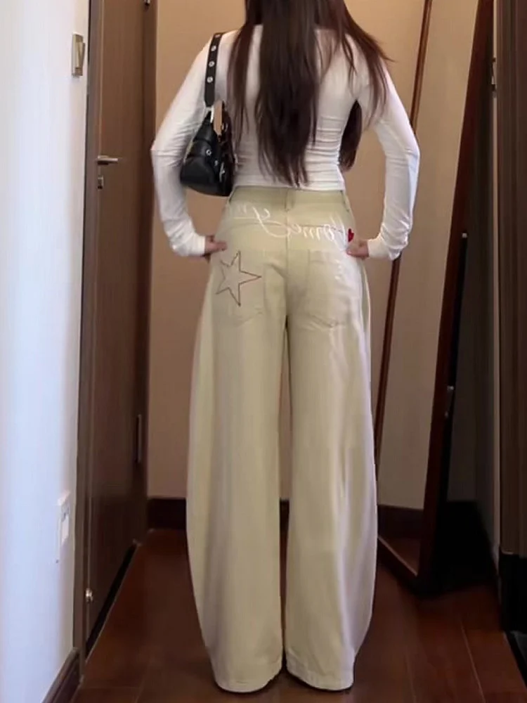 ارتفاع الخصر واسعة الساق الجينز المرأة الرجعية الأمريكية Sle سكين الدنيم السراويل الخريف حجم كبير الكمثرى القرد التخسيس مستقيم