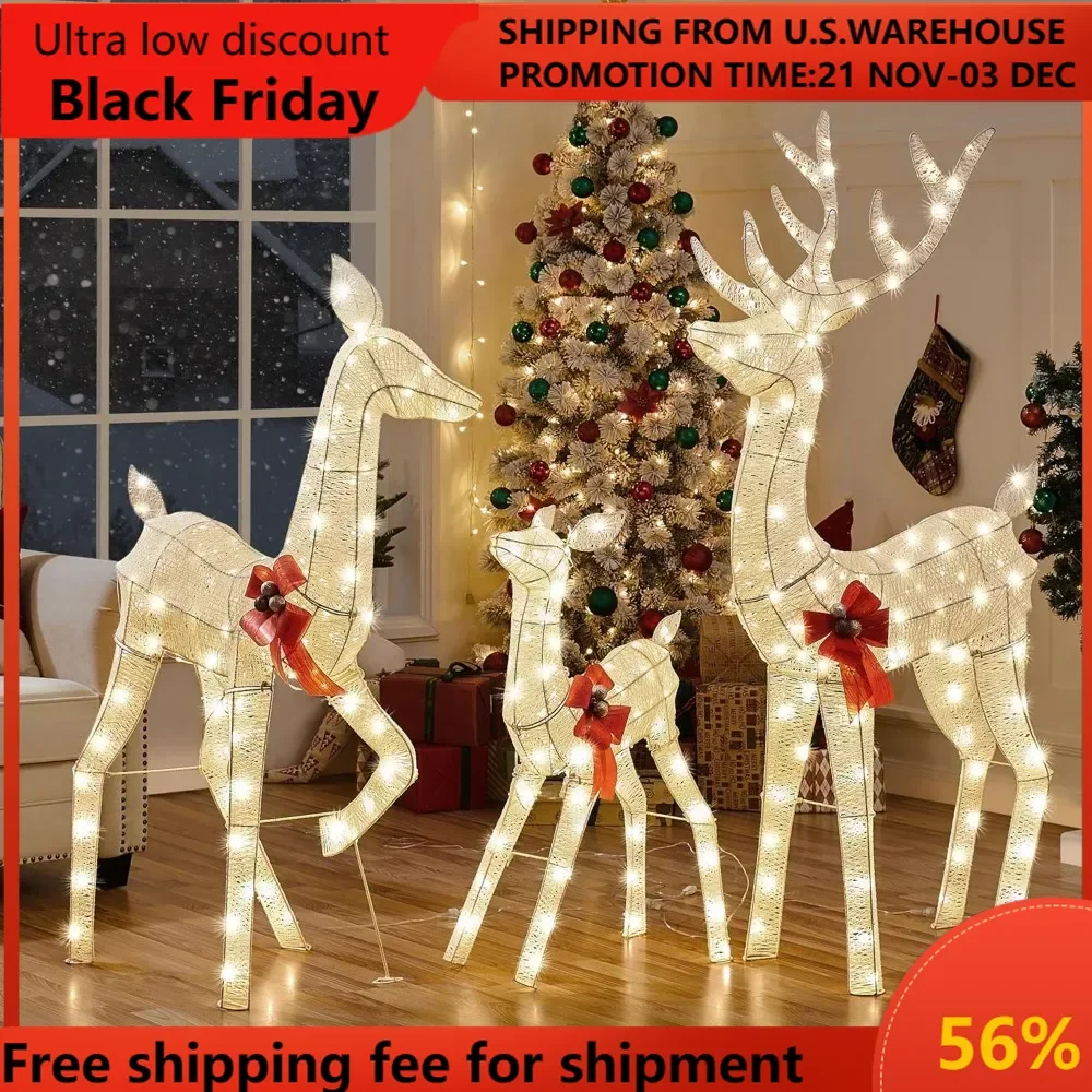 3-Piece Lighted Christmas Reindeer Family, Pre-Lit Outdoor Christmas Deer Set Decoration w/ 360 Warm White LED Lights/