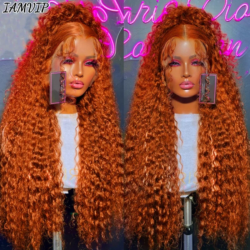 34 Zoll Ingwer Orange Farbe 13x6 volle Spitze Front Perücken Wasser lockige Echthaar Perücken 13x4 HD transparente Deep Wave Spitze Frontal Perücke