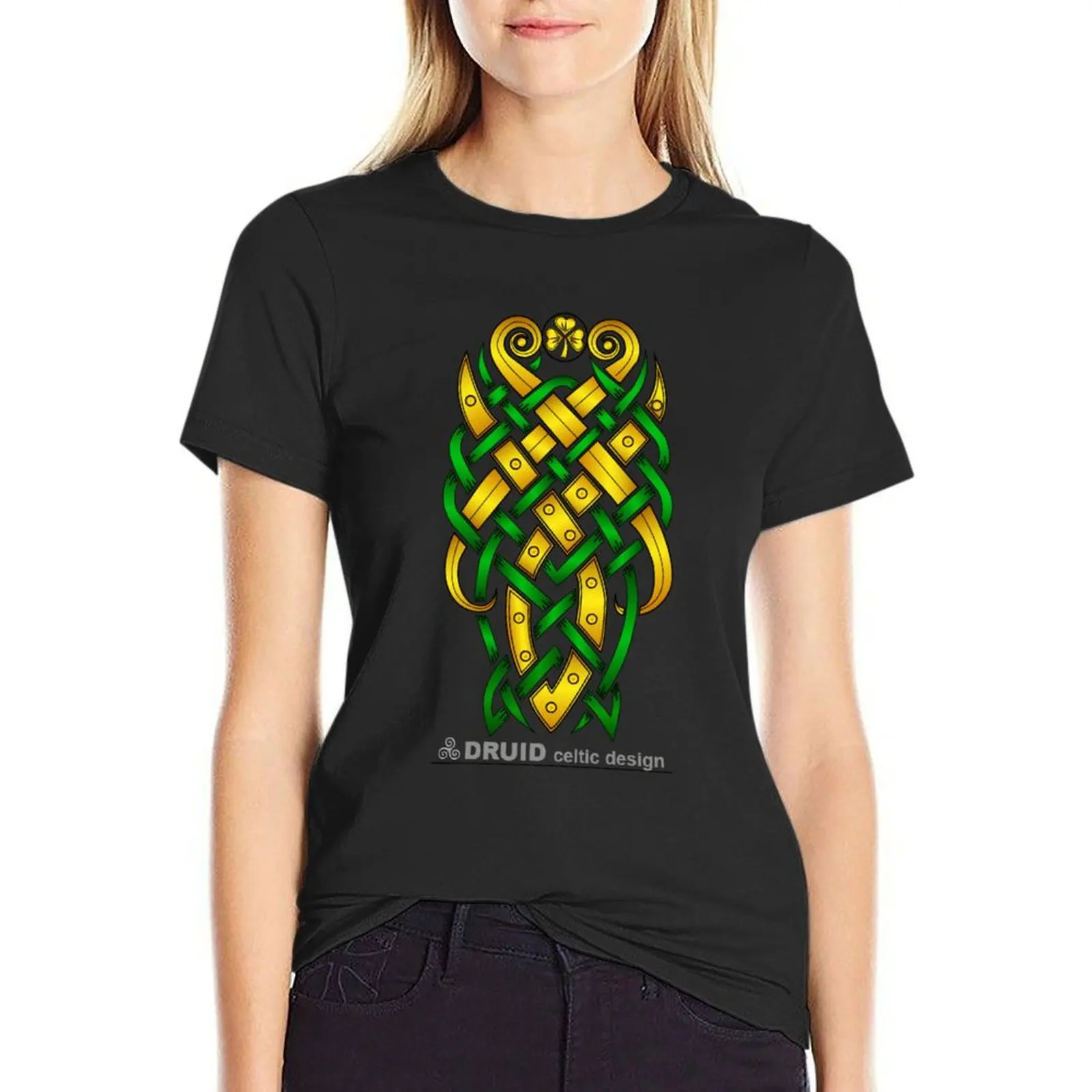 Gold shamrock celtic weave T-Shirt tees summer top Female clothing tops Women's cotton t-shirt