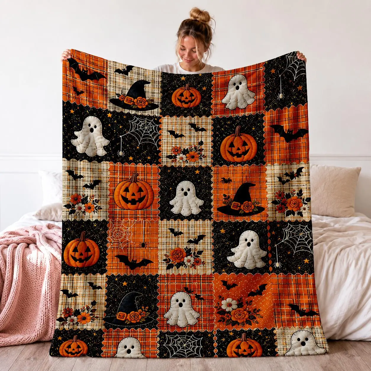 1 Vintage Halloween Throw Blanket, Suitable Living Room, Bedroom, and Sofa, Featuring an Orange Plaid Pattern Combined with a Black Starry, Decorated with Pumpkin,, Bat, Spider Web, and Witch Hat Designs, Made of Soft Flannel,