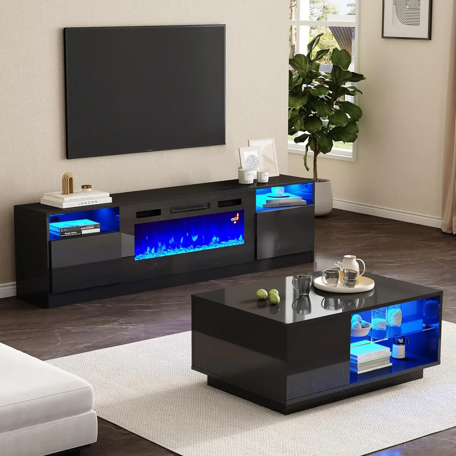 

2-Piece Modern Living Room Table Sets, Highgloss Fireplace TV Stand, Coffee Table with Glass Shelves, LED Lights Center Sets